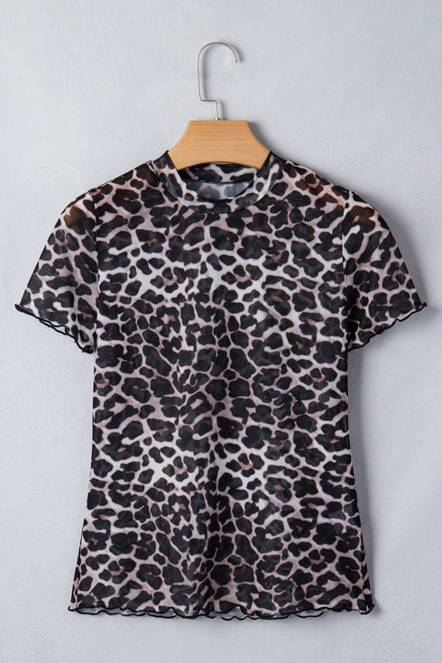 Khaki Leopard Print Sheer Mesh Short Sleeve Top