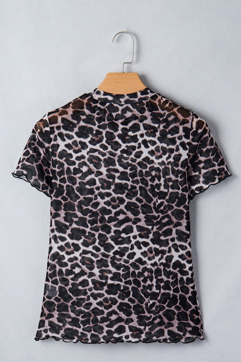 Khaki Leopard Print Sheer Mesh Short Sleeve Top