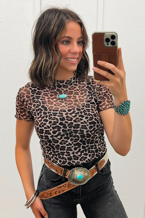 Khaki Leopard Print Sheer Mesh Short Sleeve Top