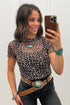 Khaki Leopard Print Sheer Mesh Short Sleeve Top