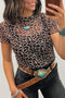 Khaki Leopard Print Sheer Mesh Short Sleeve Top