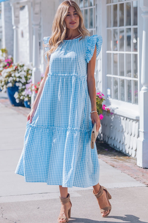 Trendy Women's Sky Blue Gingham Maxi Dress with Ruffled Sleeves and Stylish Knot Back Detail for Summer Elegance