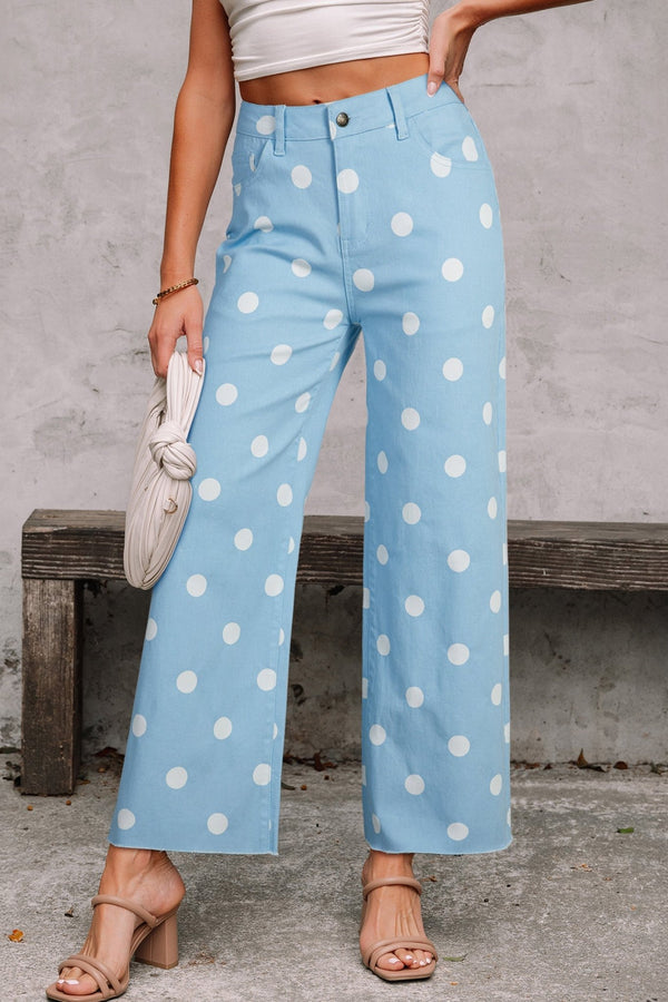 Trendy Women's Sky Blue Polka Dot Shift Jeans with Raw Hem – Effortless Casual Fit for Chic Everyday Style