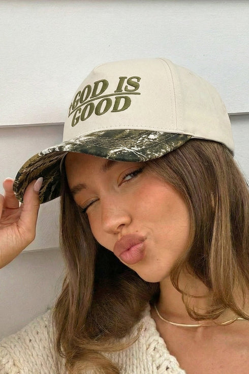 Spinach Green GOD IS GOOD Embroidered Camo Contrast Baseball Cap