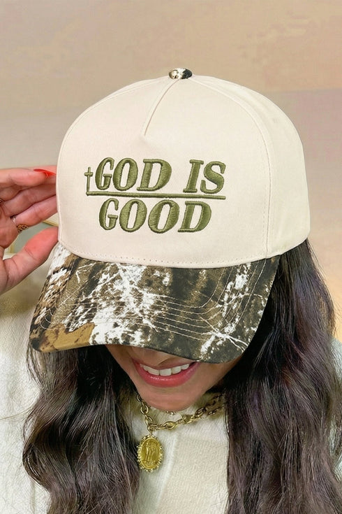 Spinach Green GOD IS GOOD Embroidered Camo Contrast Baseball Cap