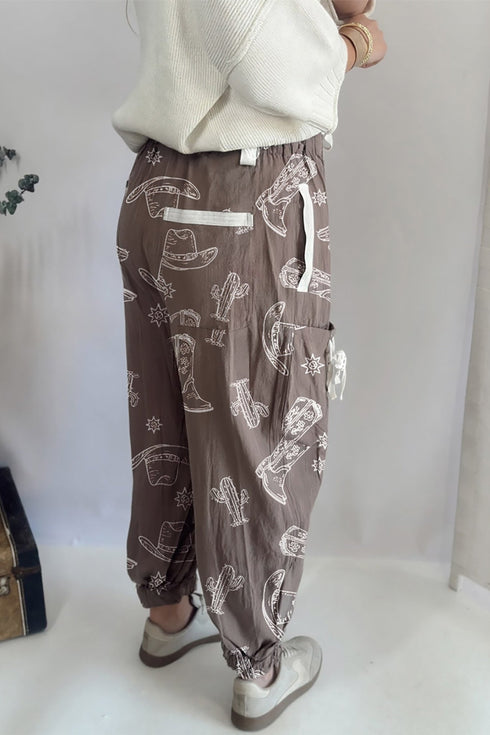 Khaki Western Cactus Cowgirl Hat Boot Printed Vintage Drawstring Jogger Pants