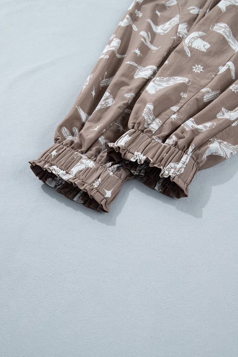 Khaki Western Cactus Cowgirl Hat Boot Printed Vintage Drawstring Jogger Pants