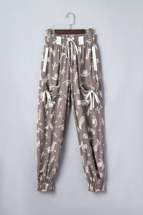 Khaki Western Cactus Cowgirl Hat Boot Printed Vintage Drawstring Jogger Pants