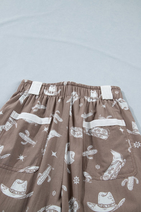 Khaki Western Cactus Cowgirl Hat Boot Printed Vintage Drawstring Jogger Pants