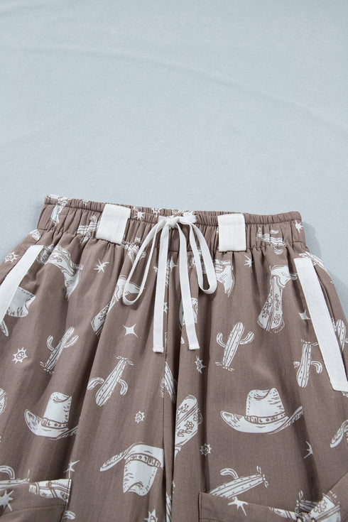 Khaki Western Cactus Cowgirl Hat Boot Printed Vintage Drawstring Jogger Pants