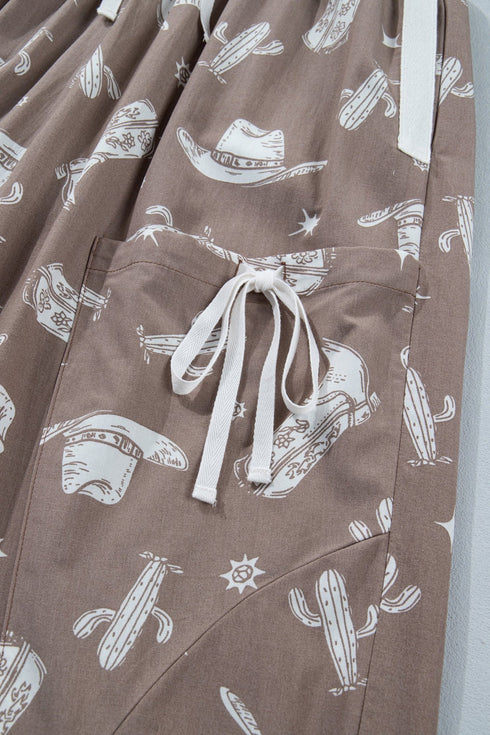 Khaki Western Cactus Cowgirl Hat Boot Printed Vintage Drawstring Jogger Pants