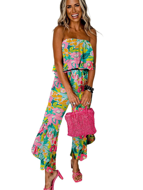 Tropical Green Ruffle Bandeau Jumpsuit