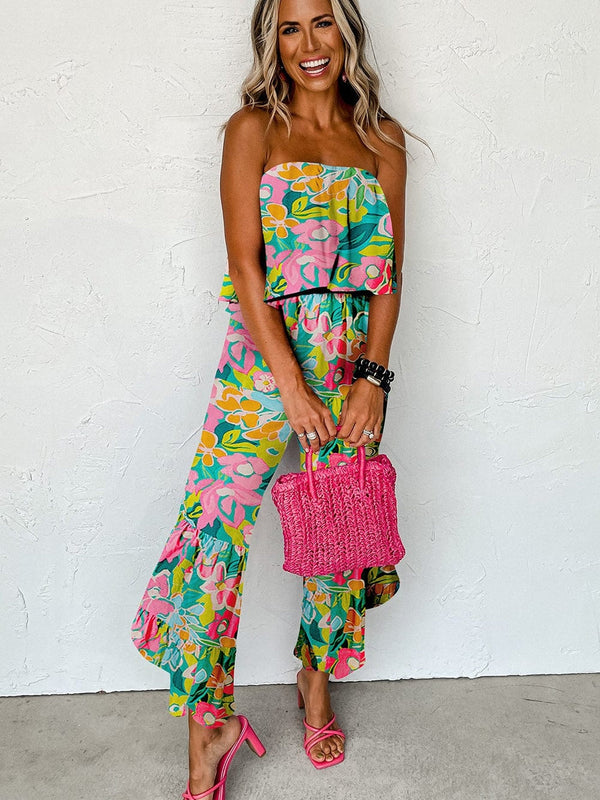 Tropical Green Ruffle Bandeau Jumpsuit