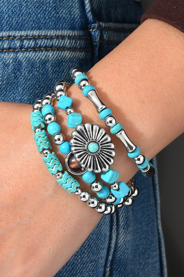 Women's Turquoise and Silver Vintage Western Concho Flower Bracelets Set for Women - 4-Piece Retro Jewelry Collection