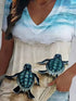 Turtle Print V-Neck Short Sleeve T-Shirt - Drop Shoulder - Closed - Bracelet