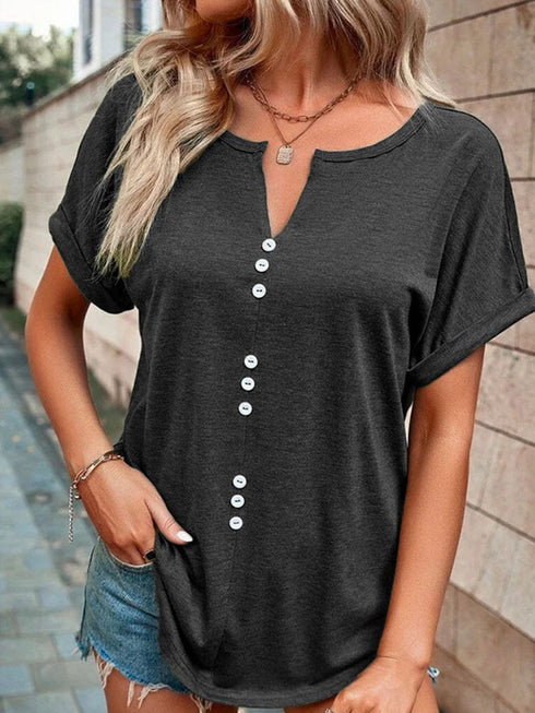 V-Neck Button Short-Sleeved T-Shirt