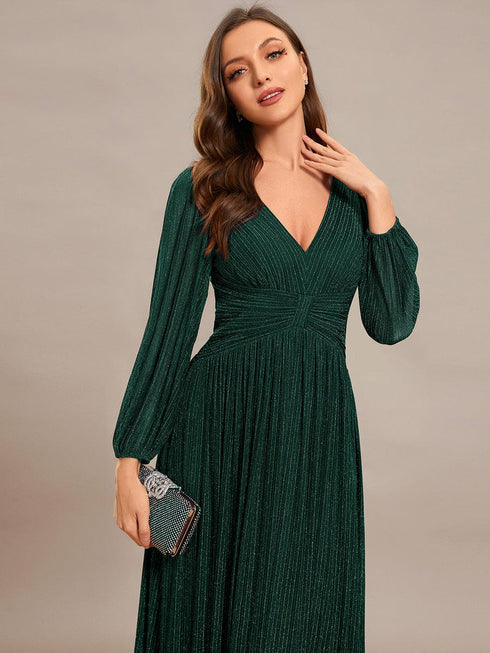 V Neck Chiffon Long Sleeve Evening Gown with High Waist Ribbon Tie