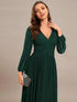 V Neck Chiffon Long Sleeve Evening Gown with High Waist Ribbon Tie