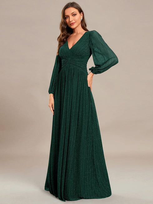 V Neck Chiffon Long Sleeve Evening Gown with High Waist Ribbon Tie
