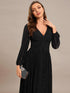 V Neck Chiffon Long Sleeve Evening Gown with High Waist Ribbon Tie