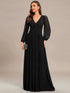 V Neck Chiffon Long Sleeve Evening Gown with High Waist Ribbon Tie