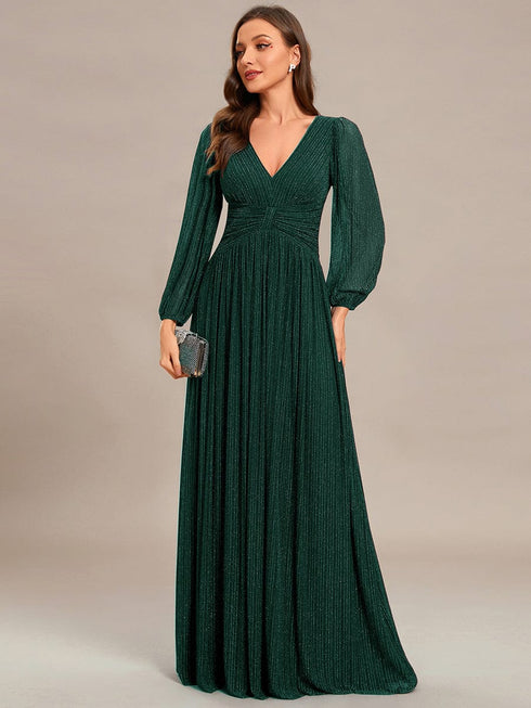 V Neck Chiffon Long Sleeve Evening Gown with High Waist Ribbon Tie