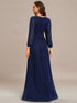 V Neck Chiffon Long Sleeve Evening Gown with High Waist Ribbon Tie