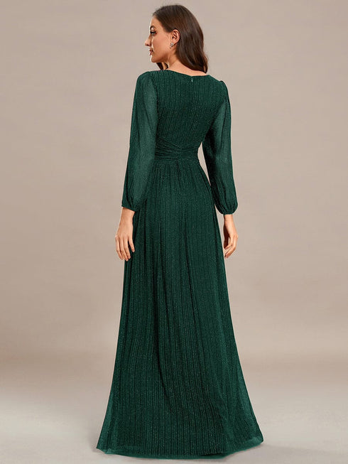 V Neck Chiffon Long Sleeve Evening Gown with High Waist Ribbon Tie