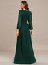 V Neck Chiffon Long Sleeve Evening Gown with High Waist Ribbon Tie