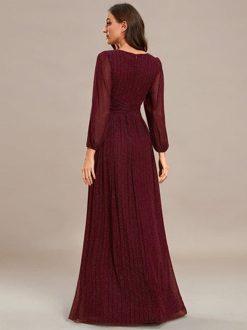 V Neck Chiffon Long Sleeve Evening Gown with High Waist Ribbon Tie