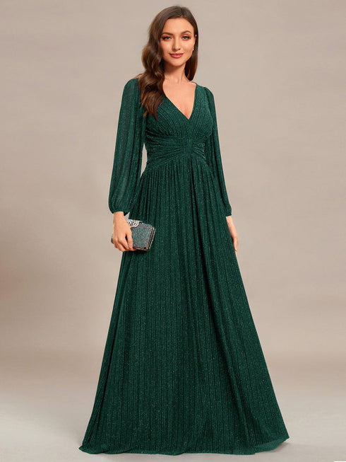 V Neck Chiffon Long Sleeve Evening Gown with High Waist Ribbon Tie