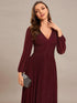 V Neck Chiffon Long Sleeve Evening Gown with High Waist Ribbon Tie