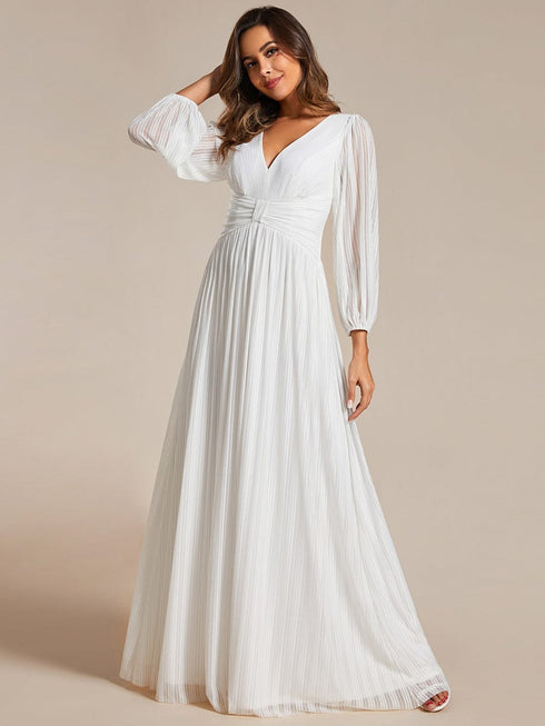 V Neck Chiffon Long Sleeve Evening Gown with High Waist Ribbon Tie