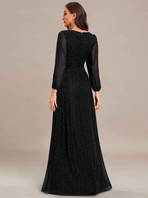 V Neck Chiffon Long Sleeve Evening Gown with High Waist Ribbon Tie