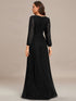 V Neck Chiffon Long Sleeve Evening Gown with High Waist Ribbon Tie