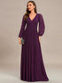 V Neck Chiffon Long Sleeve Evening Gown with High Waist Ribbon Tie