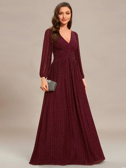 V Neck Chiffon Long Sleeve Evening Gown with High Waist Ribbon Tie