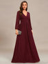 V Neck Chiffon Long Sleeve Evening Gown with High Waist Ribbon Tie