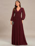 V Neck Chiffon Long Sleeve Evening Gown with High Waist Ribbon Tie