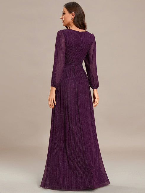 V Neck Chiffon Long Sleeve Evening Gown with High Waist Ribbon Tie