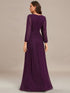 V Neck Chiffon Long Sleeve Evening Gown with High Waist Ribbon Tie