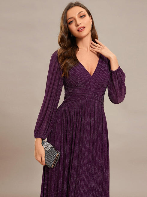V Neck Chiffon Long Sleeve Evening Gown with High Waist Ribbon Tie