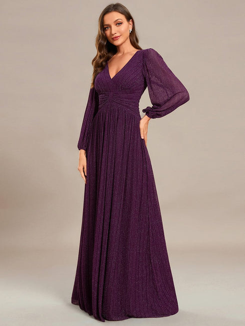 V Neck Chiffon Long Sleeve Evening Gown with High Waist Ribbon Tie