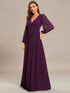 V Neck Chiffon Long Sleeve Evening Gown with High Waist Ribbon Tie