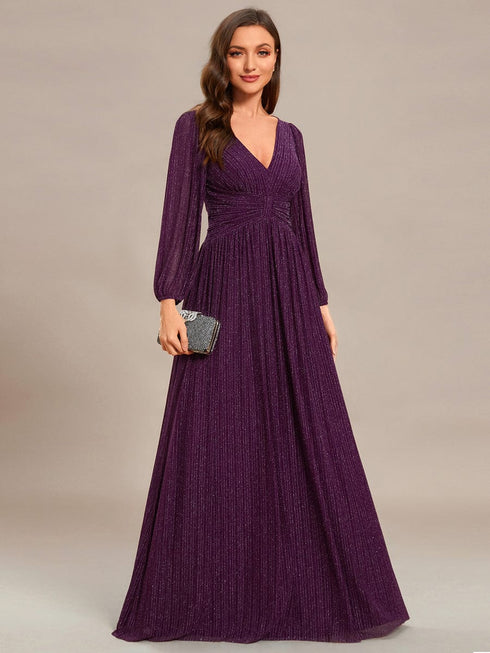 V Neck Chiffon Long Sleeve Evening Gown with High Waist Ribbon Tie