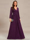 V Neck Chiffon Long Sleeve Evening Gown with High Waist Ribbon Tie