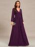 V Neck Chiffon Long Sleeve Evening Gown with High Waist Ribbon Tie