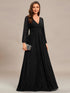 V Neck Chiffon Long Sleeve Evening Gown with High Waist Ribbon Tie