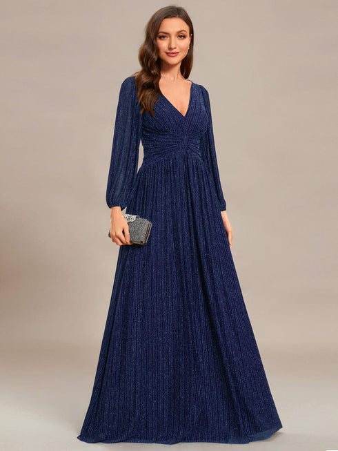 V Neck Chiffon Long Sleeve Evening Gown with High Waist Ribbon Tie