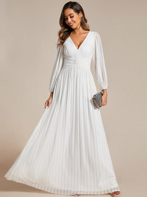 V Neck Chiffon Long Sleeve Evening Gown with High Waist Ribbon Tie